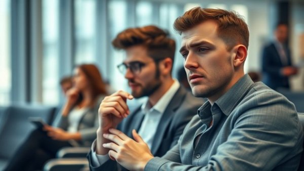 Nervous man exhibiting self-sabotaging behaviors in waiting room.