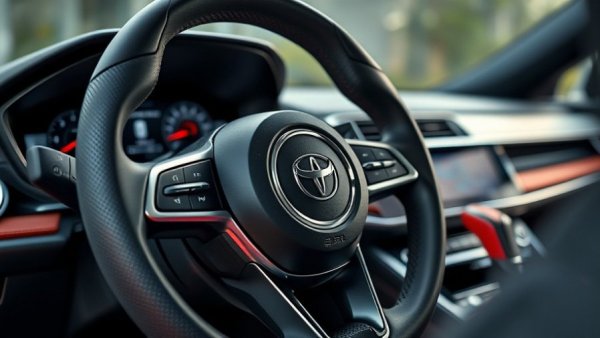 Close-up of car steering wheel with digital dashboard, Formula 1 tech.