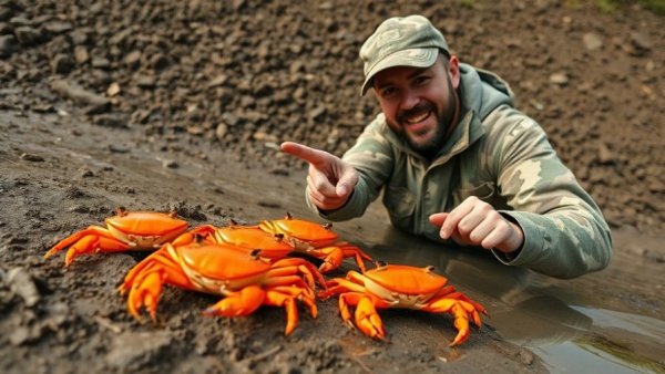 Enthusiastic man pointing at orange crabs on muddy Louisiana shore, Blue Crabbing Louisiana