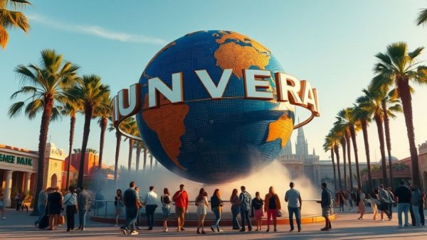 Universal globe sculpture at theme park entrance, symbolizing Fast & Furious roller coaster opening 2027