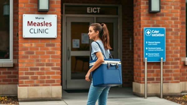 Young woman entering a measles clinic, illustrating measles elimination status efforts.