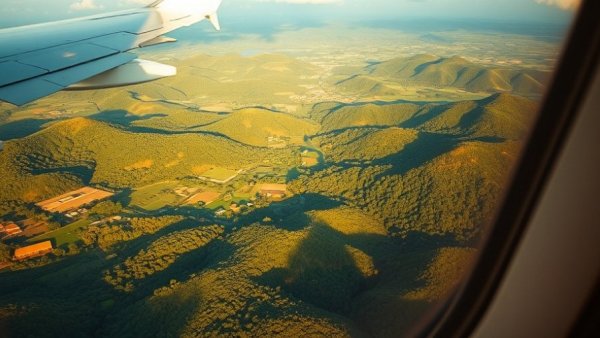 View from plane window over Guatemalan landscape during descent.