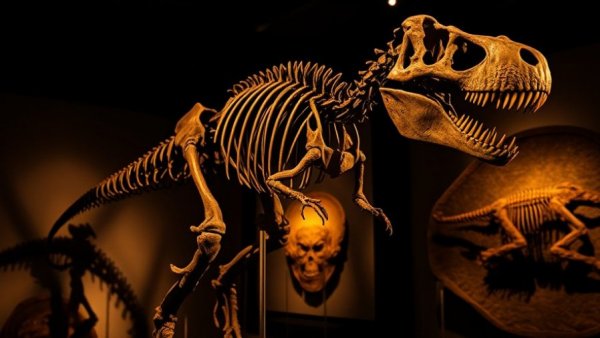 T. rex growth timeline, dinosaur fossil casting shadows in a museum.