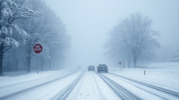 Major winter storm in Louisiana, snow-covered road with fog.
