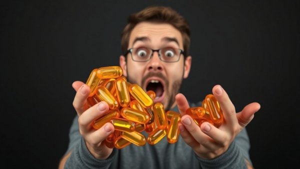 Surprised man holding omega-3 capsules, best omega-3 for brain health.