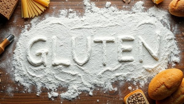 Flour surface spelling gluten amid pasta and seeds, gluten warning labels.