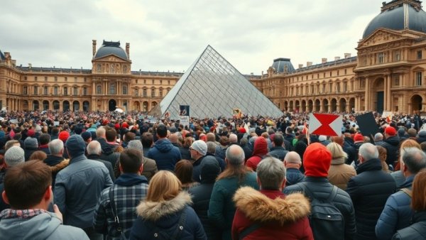 Crowd outside the Louvre during employee strike, gray skies.