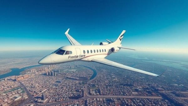 Freedom Plane soaring over cityscape with clear skies.