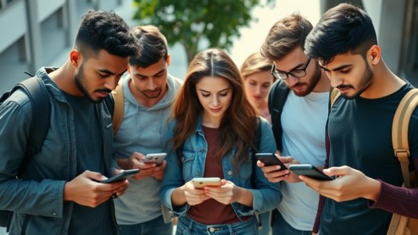 Young adults using smartphones outdoors, cellphone health risks.