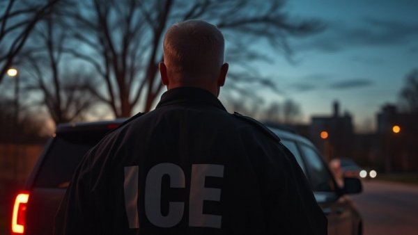 ICE officer standing next to SUV in dimly lit area
