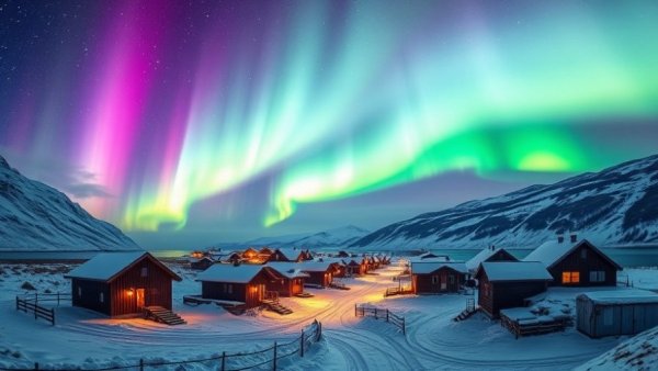 Northern lights over a snowy village, showcasing difference between Iceland and Greenland.