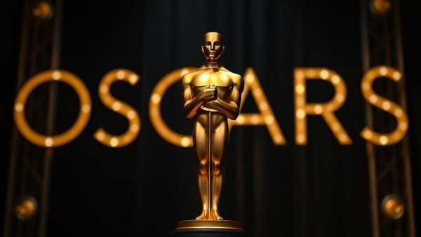 Oscar statue on dark background with 'OSCARS' text, symbolizing nominees.