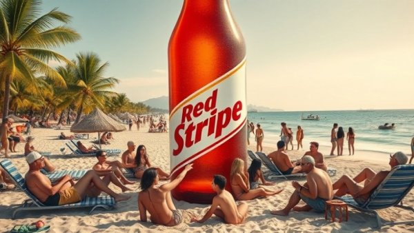 Tourists relaxing on Jamaican beach with giant Red Stripe bottle