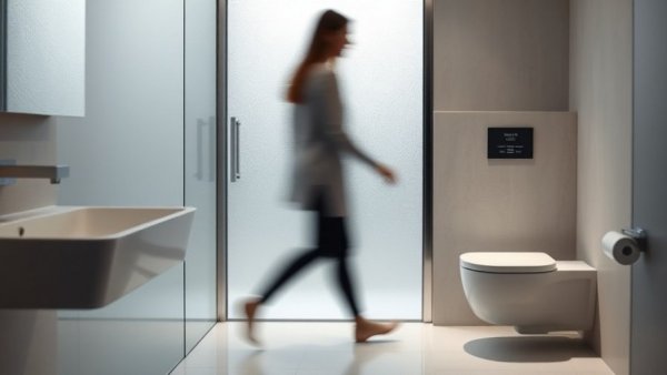 Modern bathroom scene with translucent motion and toilet. Vitamin B1 and gut motility.