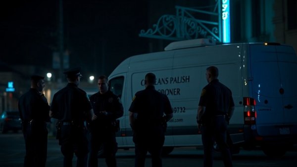 Police officers at Orleans Parish Coroner van, New Orleans crime data 2026