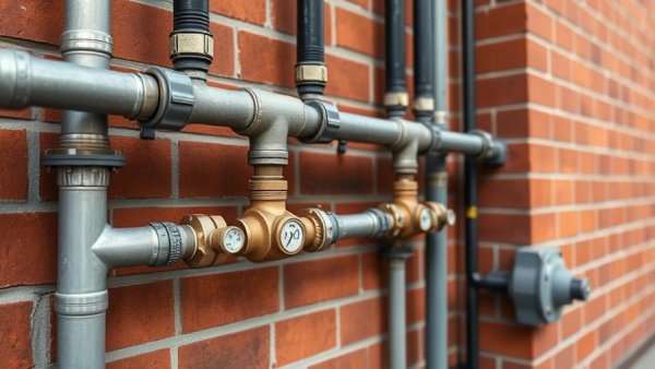 Insulated waterline system with pipes and valves against brick wall, Jefferson Parish.