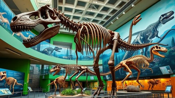 Dinosaur skeleton exhibit in Twin Cities museum, modern display.