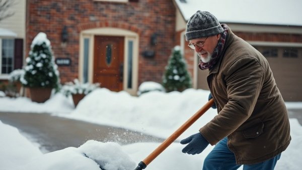Older man shoveling snow, illustrating snow shoveling risks for older adults.