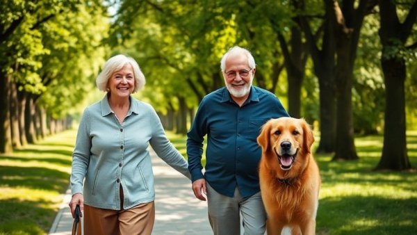 Elderly couple practicing small lifestyle changes for longevity by walking in park with dog