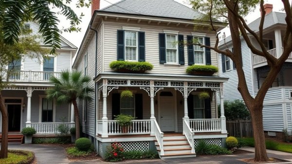 Historic New Orleans home on a cloudy day, showcasing classic architecture.