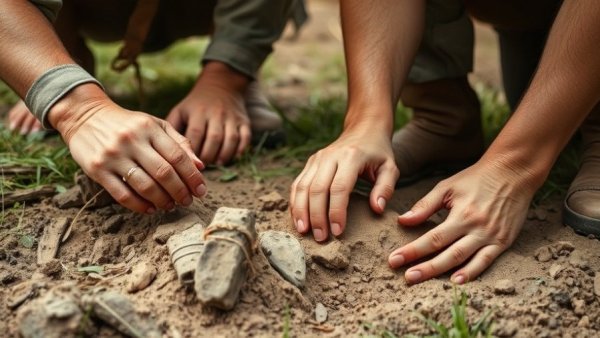 Archaeologists excavating clay to uncover ancient artifacts, focused detail.