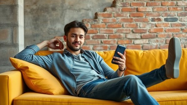 Physical inactivity in Louisiana: man lounging on couch with phone indoors.
