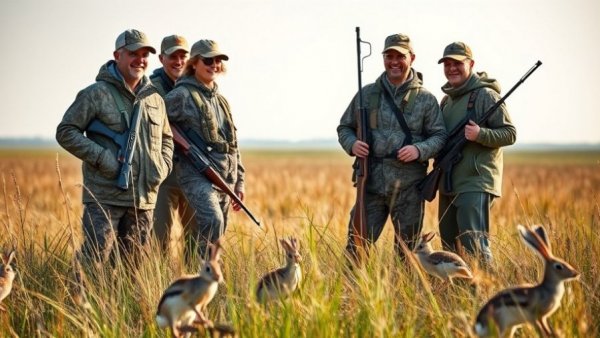 Hunters in camouflage with snipe and rabbits in a field.