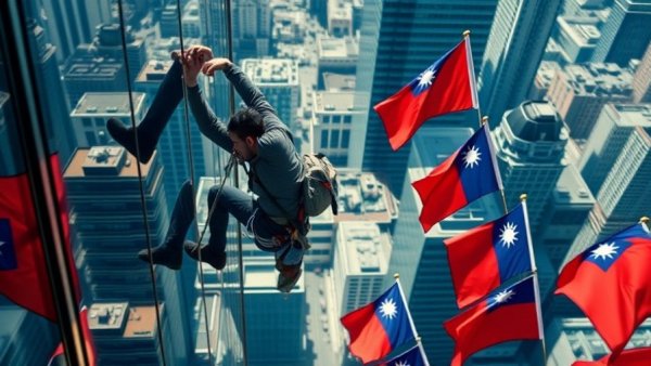 Alex Honnold climbing on Taipei 101 with Taiwanese flags in view.