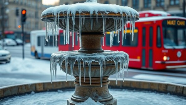 New Orleans fountain iced in extreme cold with streetcar background.