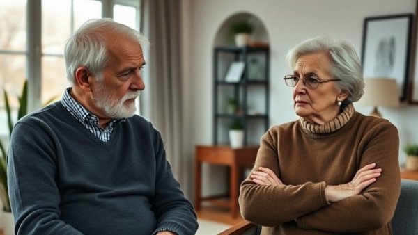 Concerned older couple discussing retirement regrets in a studio setting.