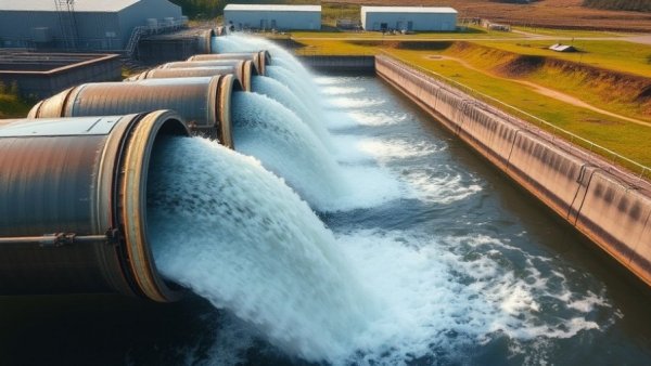 Aerial view of a wastewater treatment facility with water flowing from large pipes, highlighting the importance of wastewater testing for community health.