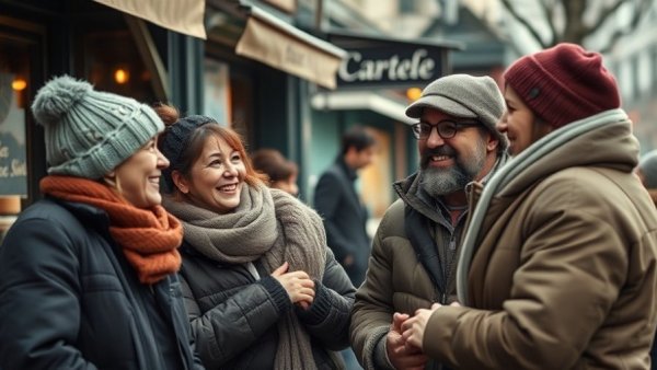 New Orleans workers bundle up in warm clothing outside cafe.