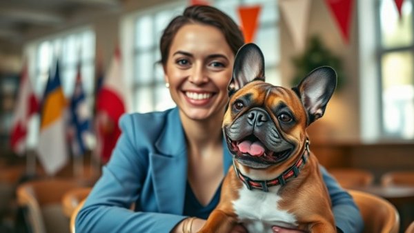 Woman with French Bulldog at table, Barkus parade New Orleans 2026.