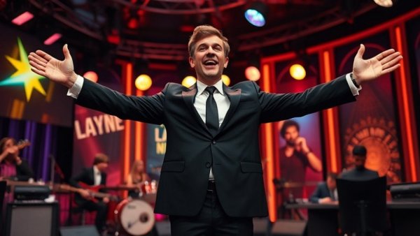 Host on vibrant late-night show set with live band, Late Show finale.