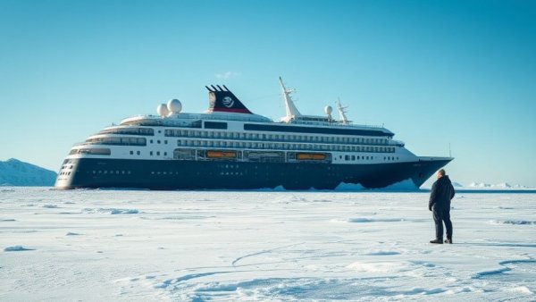 Cruise ship trapped in ice viewed from deck with observer.