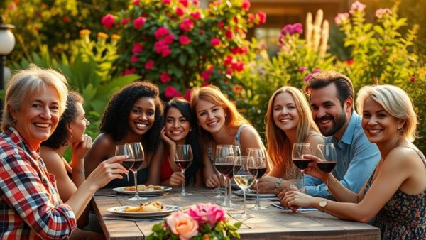 Lively group at a garden table enjoying wine, discussing alcohol recommendations for men vs women.