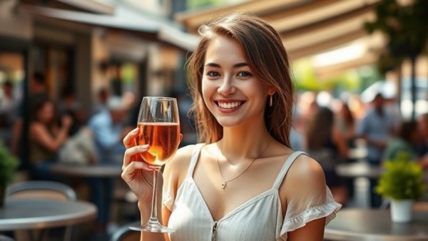 Woman with wine in café and visible neck swelling; cancer diagnosis story.