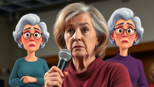 Middle-aged woman and cartoon images of older woman discussing aging without children.