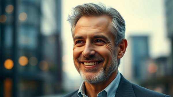 Bruce Springsteen gazing confidently, warm smile with cityscape bokeh.