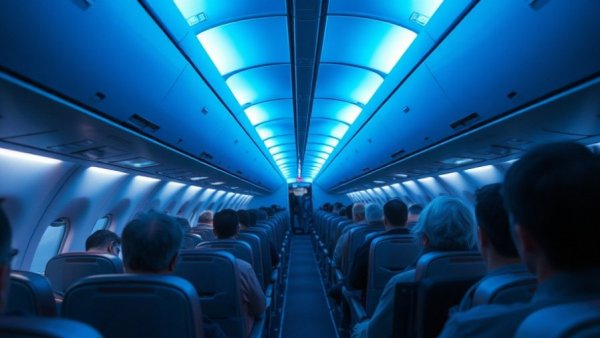 Airplane interior with passengers on turbulent flight route in the US