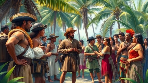 Historical scene with explorers and indigenous people in tropical setting.