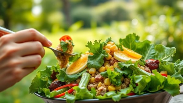 Person enjoying a healthy salad in a serene outdoor setting.