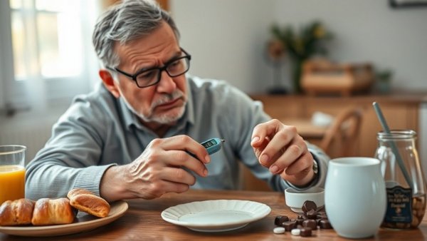 Person checking blood sugar at breakfast, Alzheimer’s risk from blood sugar spikes.
