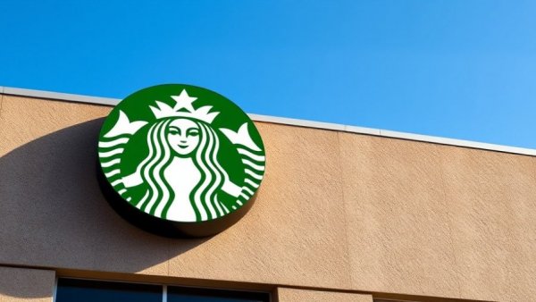 Starbucks logo on building exterior under blue sky.