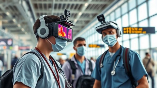 Healthcare workers monitor airport passengers for Nipah virus using thermal scanners.