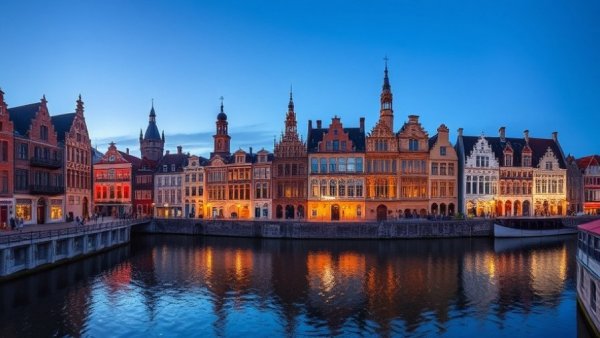 Ghent's historic buildings at twilight reflecting in canal.