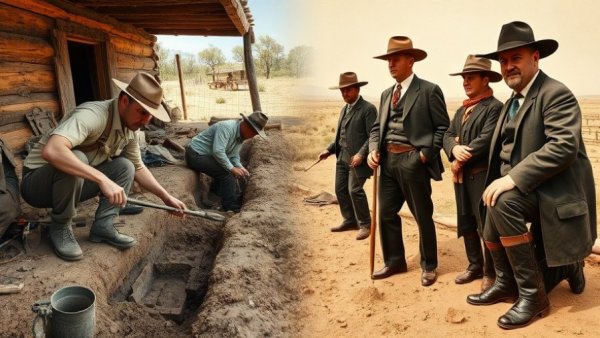 Modern archaeologists and vintage photo of cowboys.