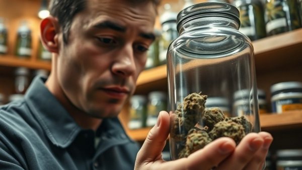 Cannabis Health Risks January: Person examines cannabis jar in store.