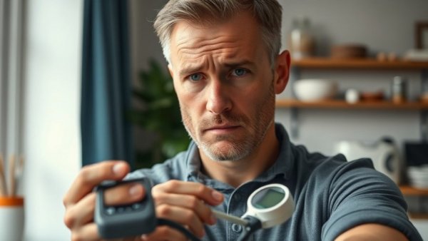 Heart disease risk for men - man using blood pressure monitor at home.