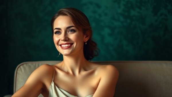 Elegant woman smiling gently against a green backdrop.